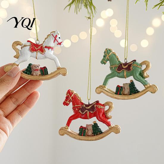 Xmas Window Wall Hangings Rocking Horse Christmas Ornament, Resin Tree Hanging Decoration with Seasonal Trims Bear Gift Box for Holiday Decor