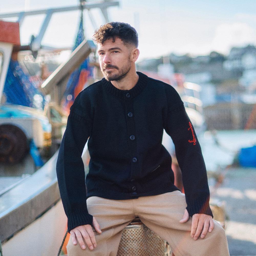 Guernsey Woollens Fisherman Whole Garment Cardigan - Black