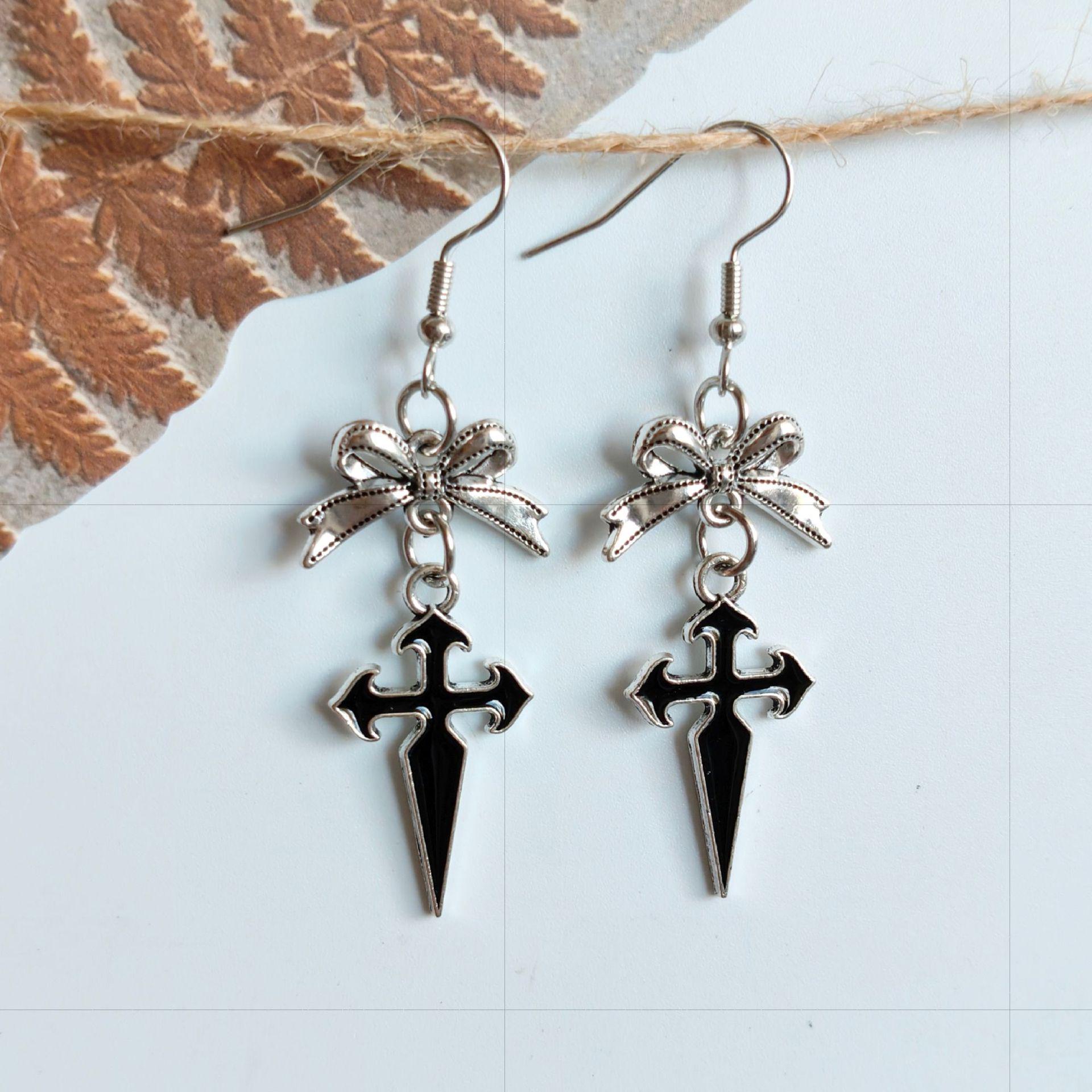 

European Gothic Punk Bow Cross Red Drip Earrings