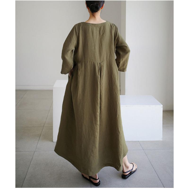 New Women's Plus Size Cotton Linen Dress, Loose Fit Round Neck Long Sleeve Knee-Length Pullover, Japanese Korean Forest Girl Style Casual Summer Dress