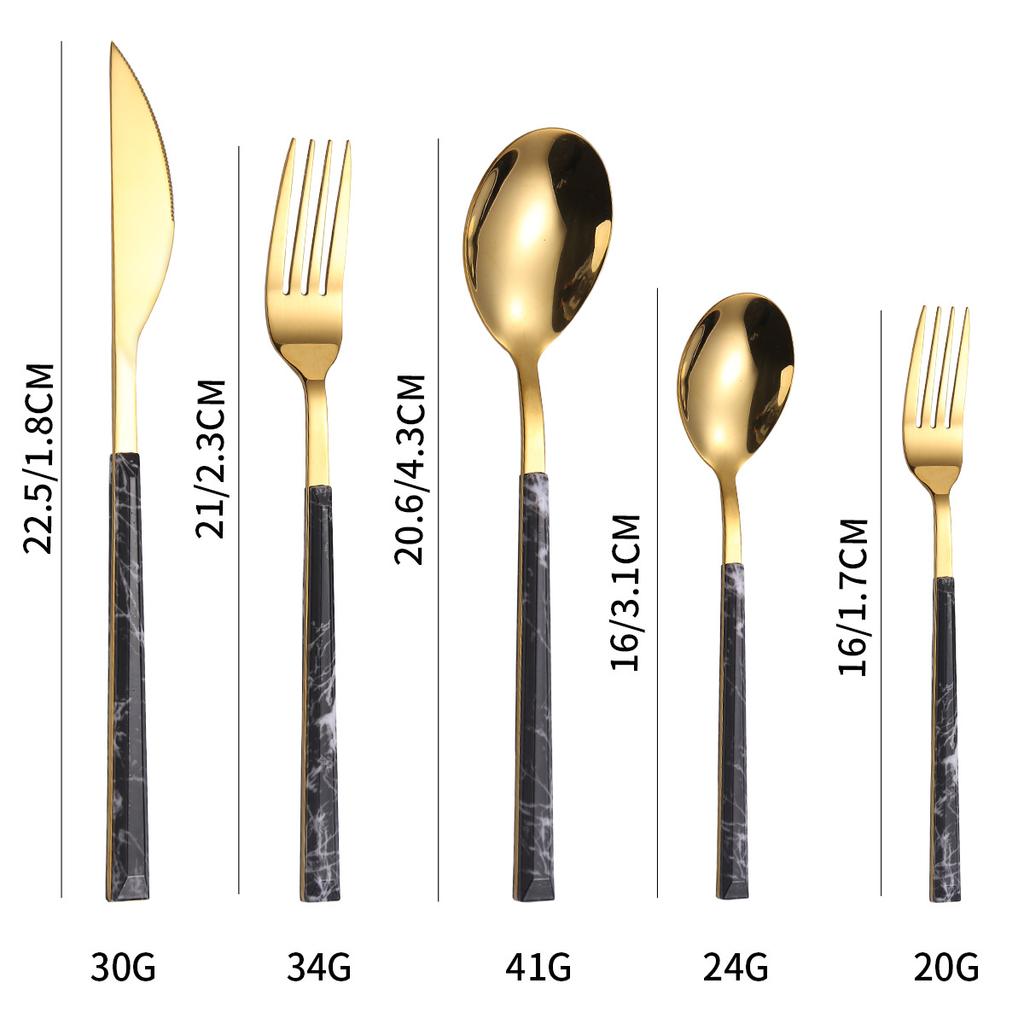 Imitation Wood Handle, Imitation Stone Pattern Knife, Fork and Spoon, Five-piece 430 Stainless Steel Knife, Fork and Spoon Tableware 20-piece Set