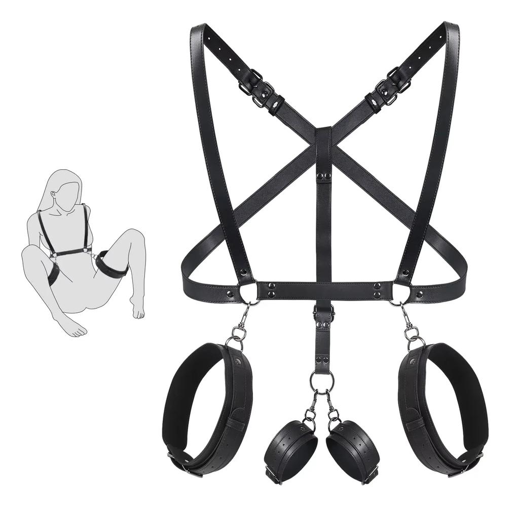 NEW  Sex Bondage Restraints Kit 3 in 1 Leather Thigh Sling Breasts Belt Behind Back Handcuffs Open Legs SM Slave Fetish