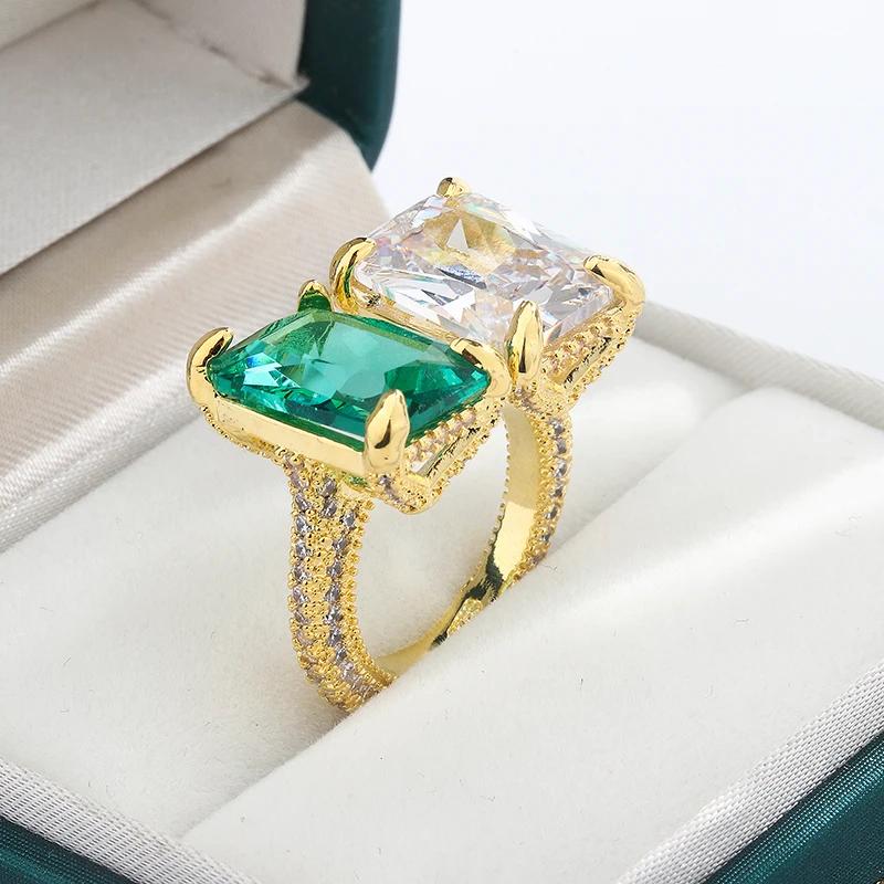 Exquisiter Ring für Frauen, hochwertiger glänzender quadratischer grüner Zirkonring, stilvolles Verlobungsschmuckgeschenk