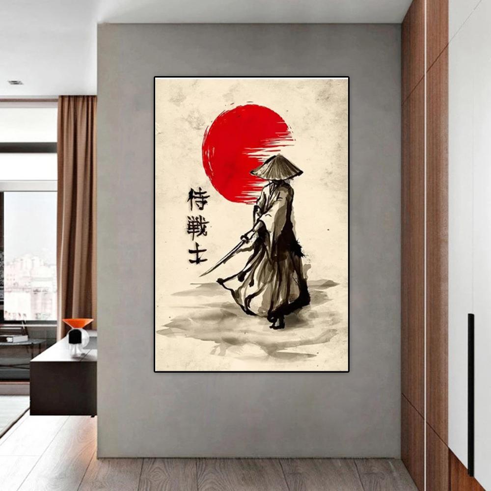 Japanische Samurai Tuschemalerei Leinwand Poster Drucke Anime Japan Samurai Wandkunst Bilder für Wohnzimmer Heimdekor Kein Rahmen