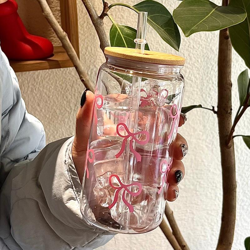 500ml/16.9oz Cute Bow Plastic Cup Tumbler Mason Jar Shaped Water Bottle With Lids Straw For Iced Coffee Juice Drinking Cup Gift