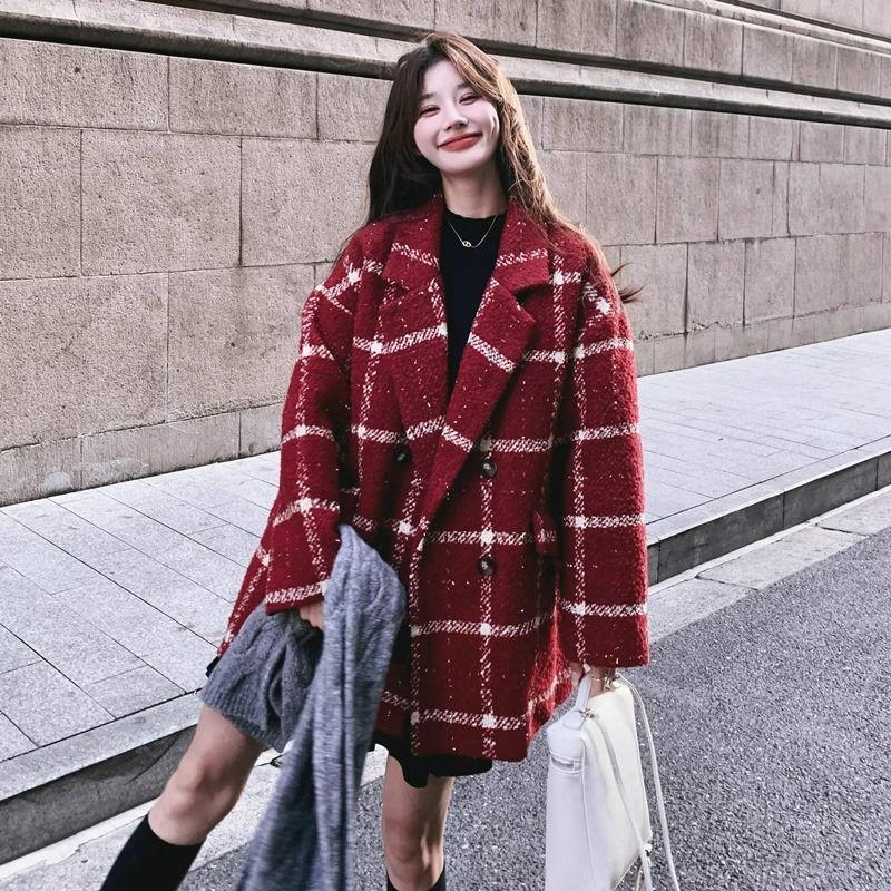 Red Plaid Temperament Suit Woolen Jacket Women's Winter Short Loose Thickened Woolen Blazer