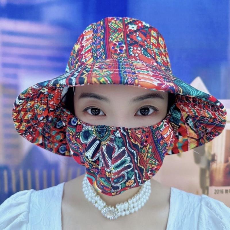 Women's UV protection mask hat integrated summer bucket hat mother sun hat tea picking hat sunshade mask