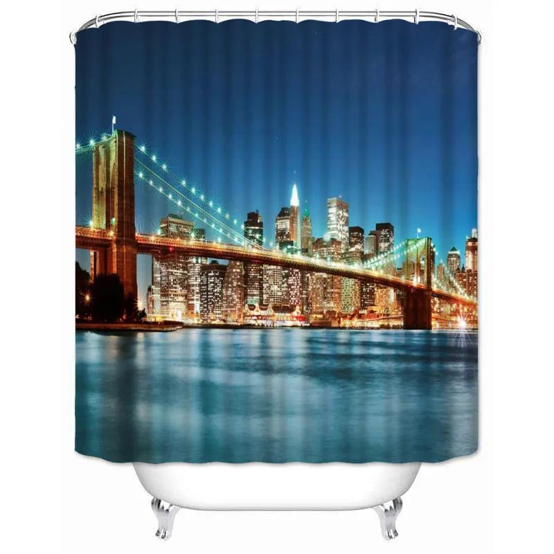 New York City Skyline Building Night View Shower Curtain Modern Bathroom Curtain Polyester Fabric Bath Curtain With Hooks