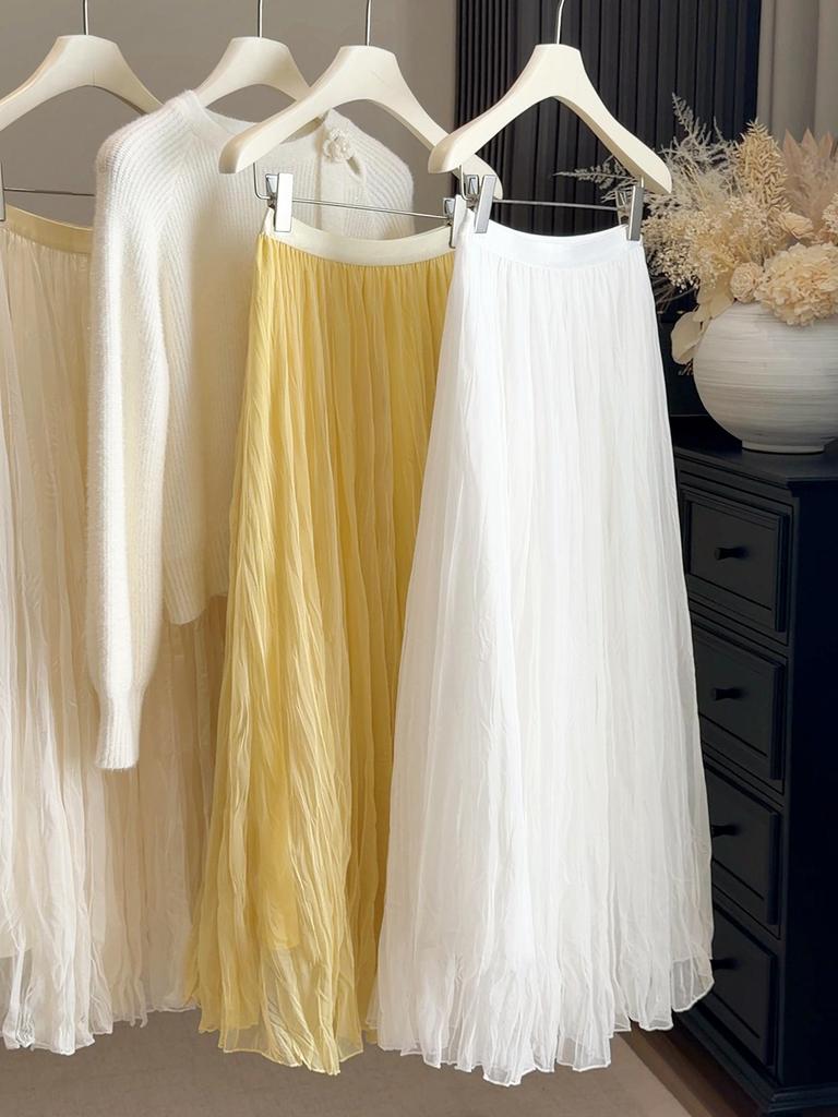 Elegant Versatile High-Quality A-Line Pleated Mesh Skirt for Women - Mid-Length Fairy Style