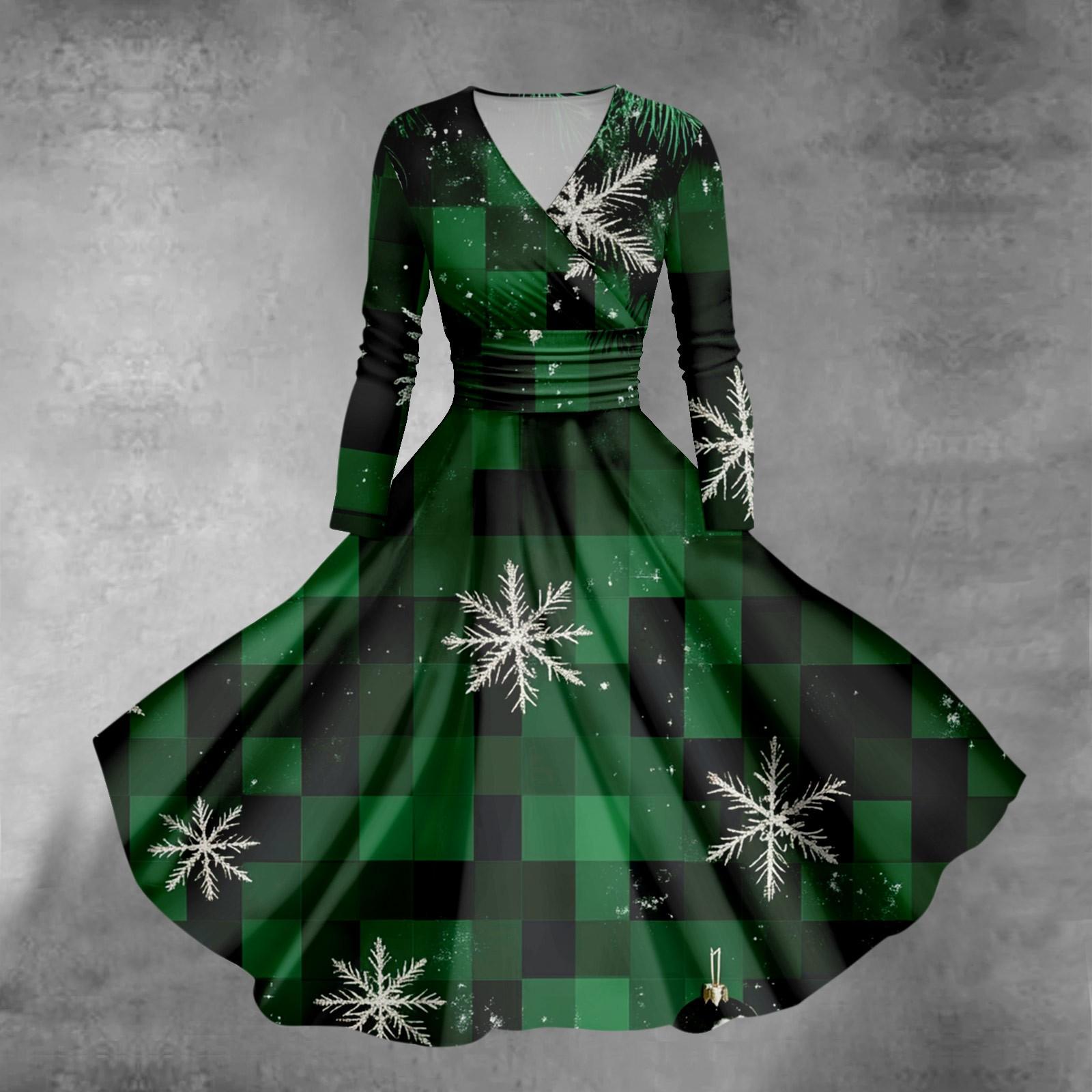 

Женское облегающее платье свободного кроя с принтом рождественской елки и снежинок, V-образным вырезом и длинными рукавами XXL зелёный