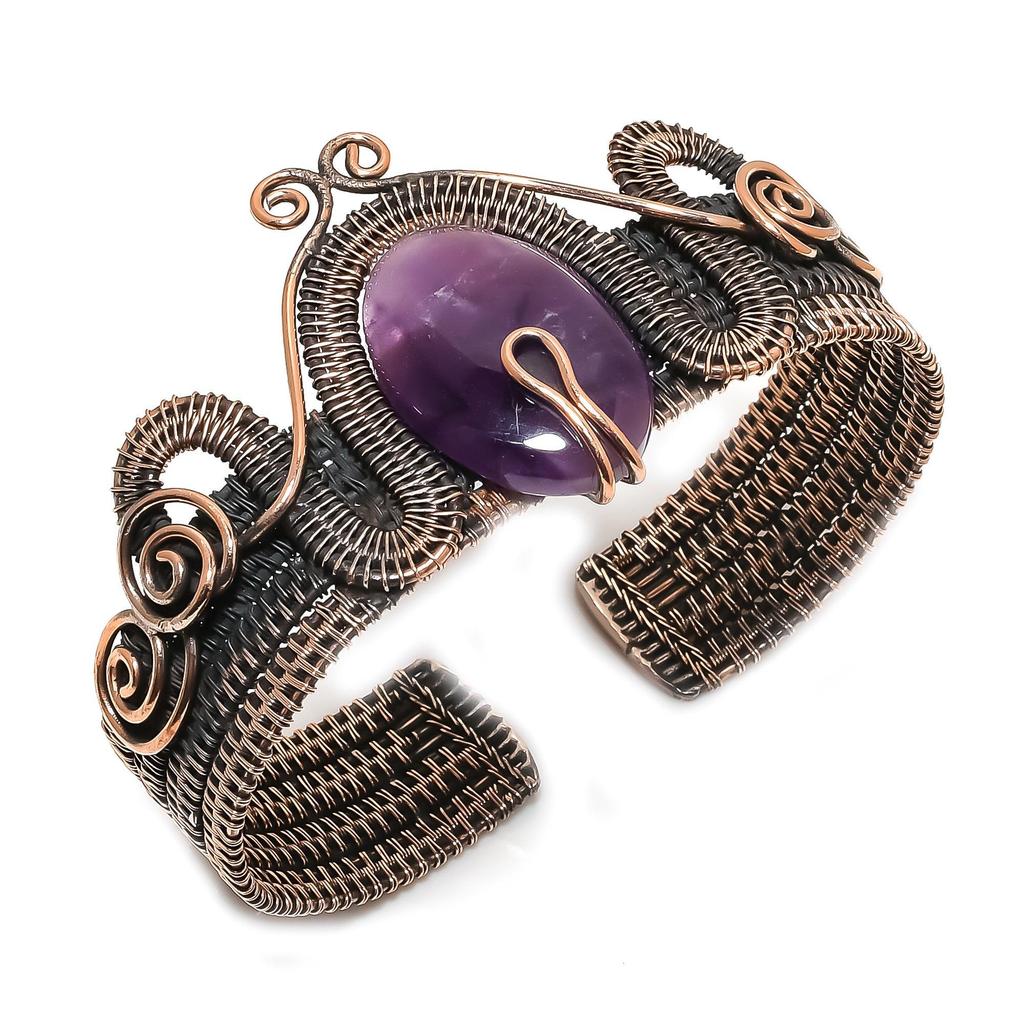 Amethyst Cuff Bracelet Real Gemstone Bangle, 999 Copper Wire Wrapped Bracelet Handmade Jewelry, Adjustable Bangle For Gift Women Jewelry