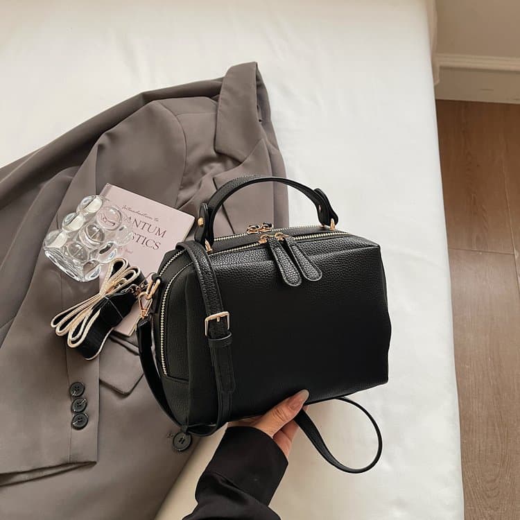 Vintage soft leather double zipper commuter mini handbag чёрный