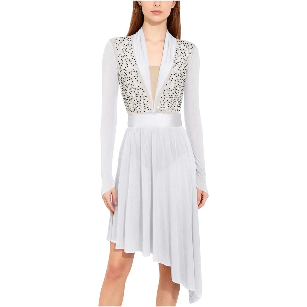 Damen Lyrical Tanzkleid S-XXL: Transparenter Netzstoff Langarm mit glitzernden Strasssteinen & Eingearbeiteten Schrittknöpfen Höschen Rüschen Design