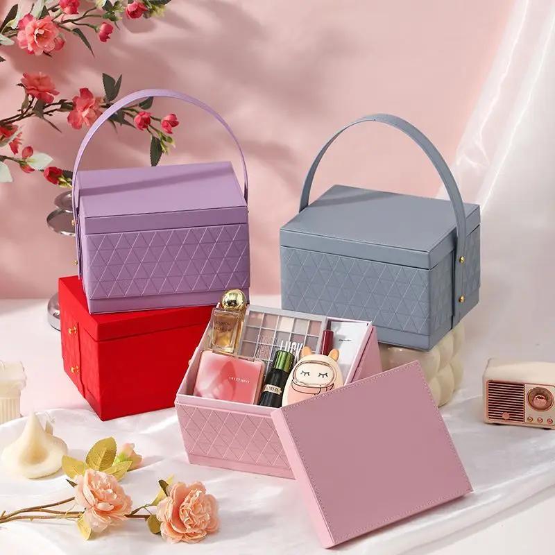 Light Luxury Square Gift Box Handheld PU Leather Candy Cosmetics Portable Box Simple and Modern Wedding Party Decoration Boxes