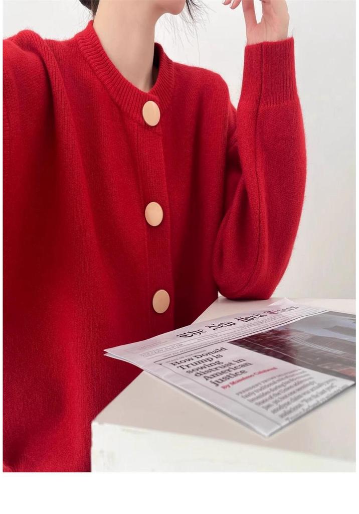 Thick Knit Single-Breasted Solid Color Cardigan - Loose Fit, Round Neck