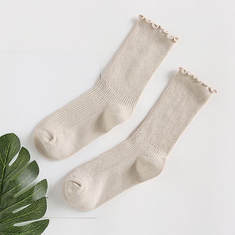 Ruffle Ankle Socks for Women Cotton Soft Solid Color Ribbed Knitted Lettuces Edge Low Cut Middle Tube Frilly Crew Socks
