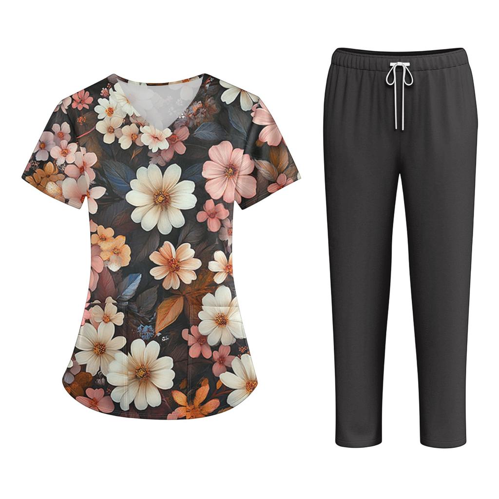 Plus SizePrinted Scrub Working Uniform Tops For Women's Cross V-Neck Halloween Print Short Sleeve Fun T-Shirts Workwear Tee With Pockets