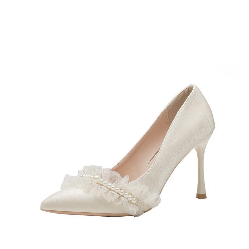 Gentle wind with skirt high heels bridal bridesmaid shoes beaded pointed stiletto single shoes