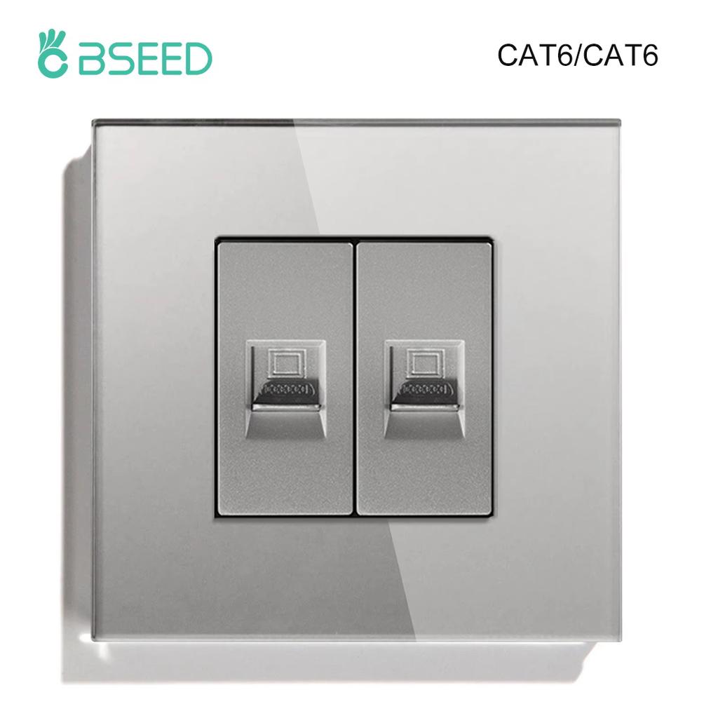 BSEED Dual Internet Sockets CAT6 Wall Socket EU Power Sockets Plus Network PC Data Computer Connecter Outlets Glass Panel