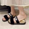 Cool Slippers Women's Summer New Soft Leather Fashion Square Diamond Outside Wear Flat Beach Word with Mink Hair Shoes