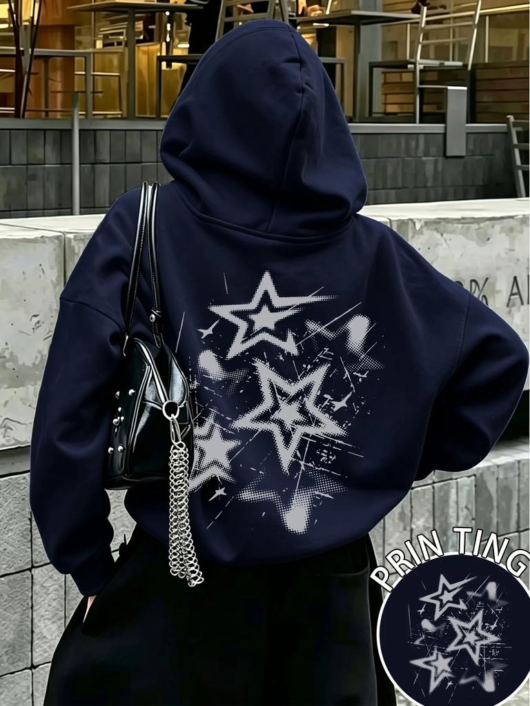 Men's Grunge Star Sports Hoodie Splash Ink Print Light Gray Oversized Pullover Streetwear Sweatshirt Spring Autumn