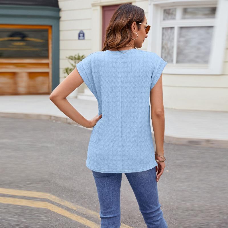 Tricou de vară cu gât rotund, larg, cu mâneci scurte, modă pentru femei, casual, elegant, bluză simplă nouă, cu grilă de culoare solidă, topuri, îmbrăcăminte pentru femei 3582