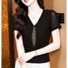 Summer Sexy V-neck Luxury Hot Diamonds Women’s T-Shirt Fashion Slim Mesh Short Sleeve Tees Brand Ladies  All Match Tops