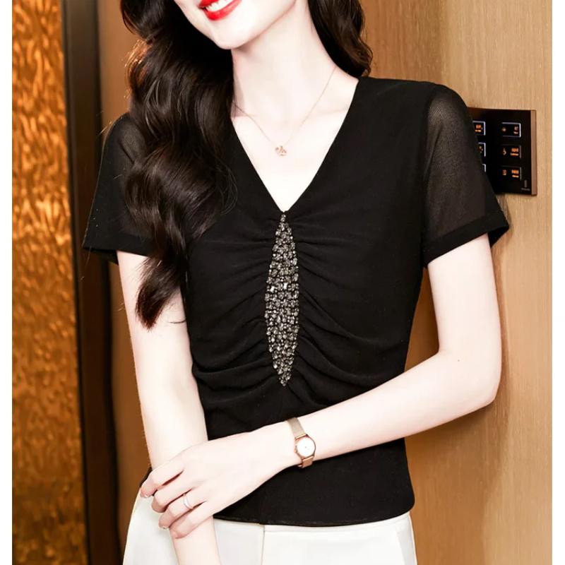 Summer Sexy V-neck Luxury Hot Diamonds Women’s T-Shirt Fashion Slim Mesh Short Sleeve Tees Brand Ladies  All Match Tops