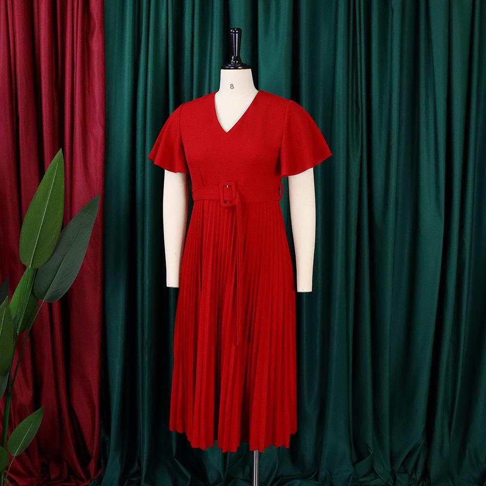 Women's Fashion Summer Spring Solid Color Print Short Sleeve V-Neck High Waist Casual Dresses
