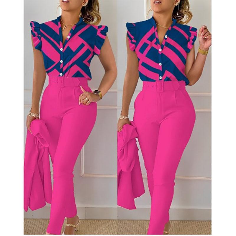 Elegant Women Two Piece Set Suits Fashion Printed Ruffle Sleeve Top Solid Color Pants Set with Belt Blouses Female Clothing