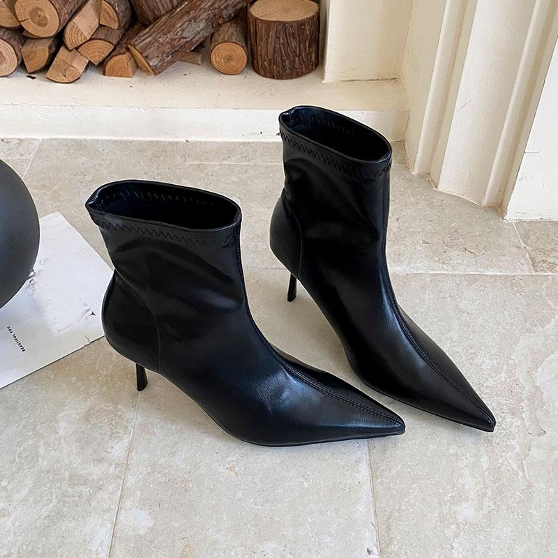 Fashion Fashion Elastic Women Ankle Stretch Boots With Heels Female Slip On Shoes Pointed Toe Ladies Short Modern Boots Pumps Lady