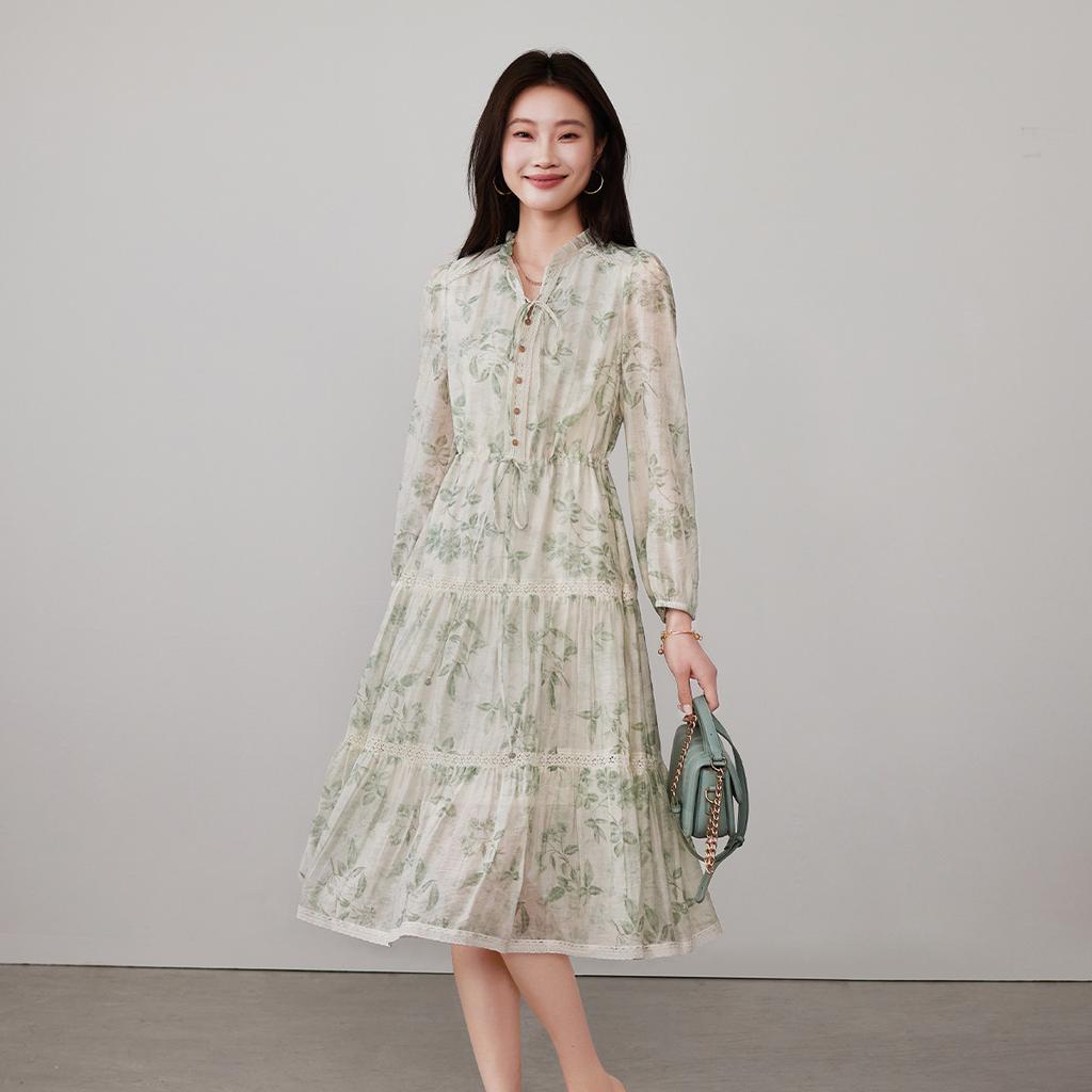 French Fungus Edge Hem Leads Printed Dress
