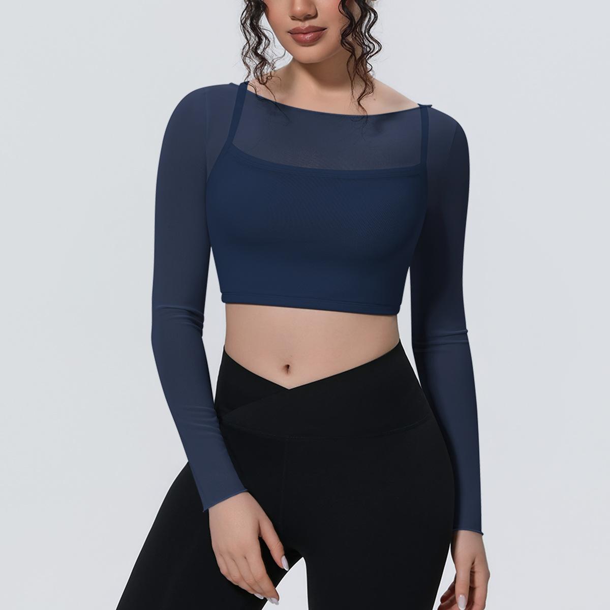 Solid color mesh double-layer breathable fake two-piece long-sleeved casual sports running fitness yoga clothes top S