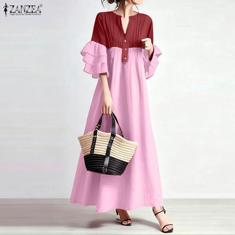 ZANZEA Women Casual V-neck Ruffles 3/4 Sleeve Loose Long Dress