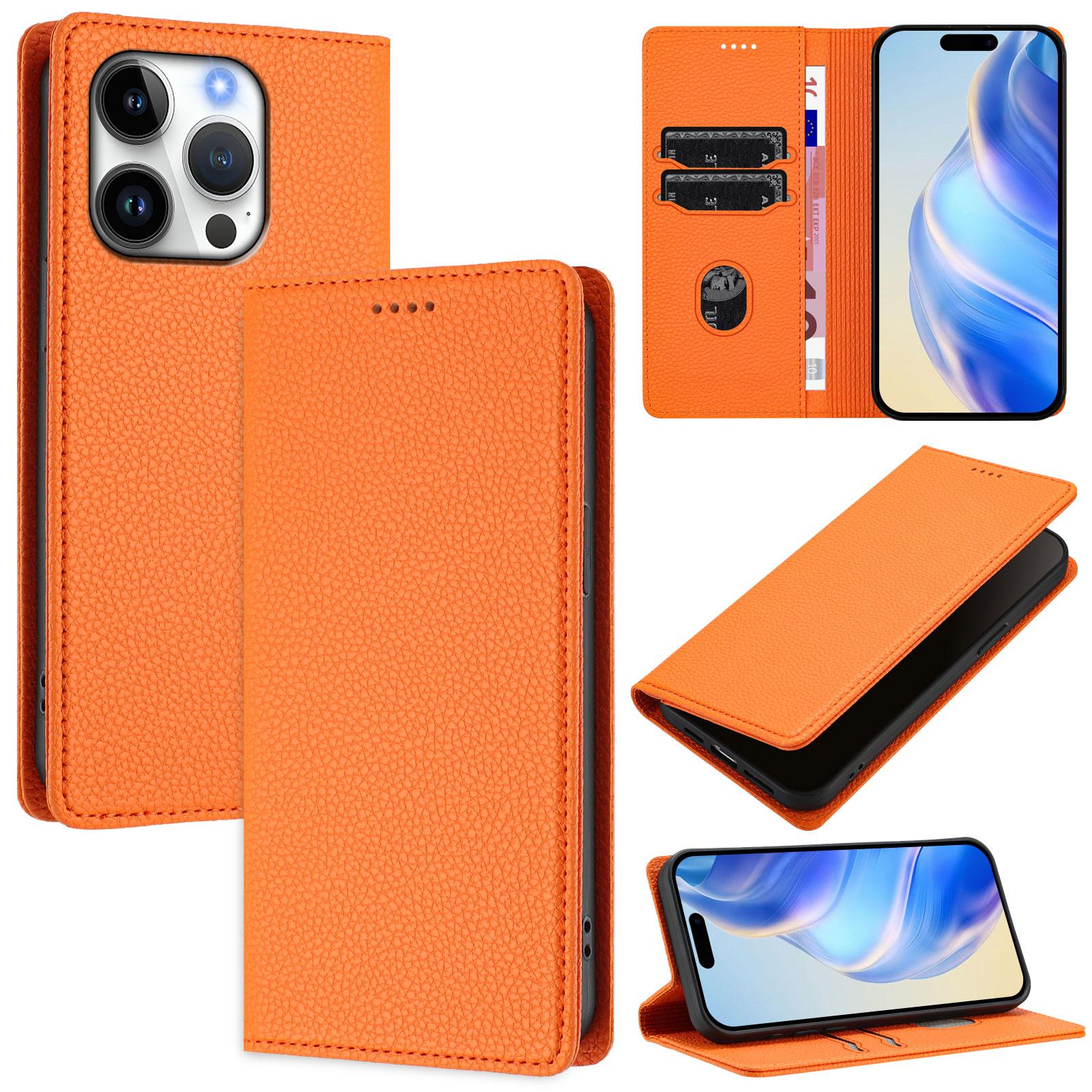 

For iPhone 16 Pro Wallet Case RFID Blocking Litchi Texture Leather Mobile Cover Orange
