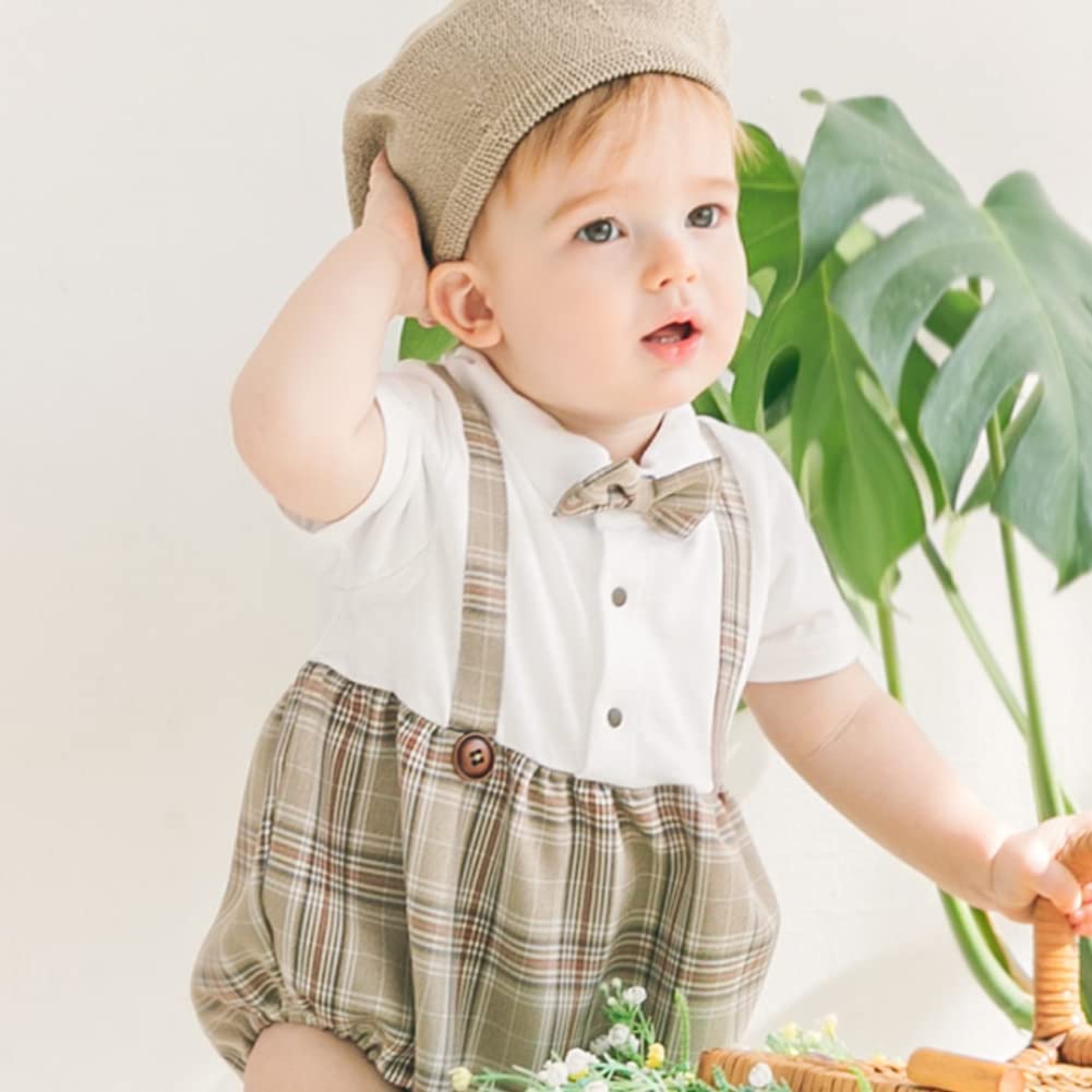 Elf Baby Layered Style Formal Short Sleeve Summer Ceremony Romper Wedding Clothes Boys [Fairy Baby] (Check Gray, 73CM)