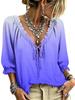 Women's long-sleeved top with gradient color, front tie frills, V-neck bow, three-quarter sleeves. Multi-scenario casual wear item.