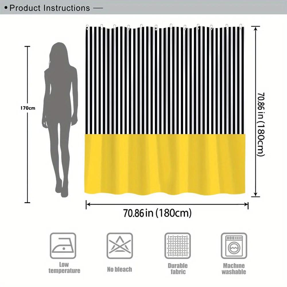 One Piece Of A Shower Curtain Featuring Black And White Stripes With A Yellow Accent, Showcasing A Bold Minimalist Vertical Patt