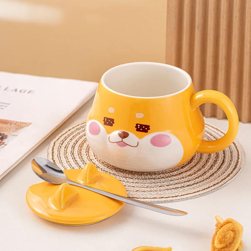 Creative Shiba Inu Ceramic Mug with Lid Cute Household Breakfast Mugs Office Coffee Cup with Lid Couple Water Cups Drinkware