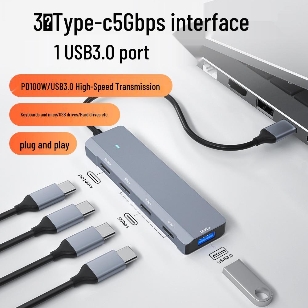 Type-C Five-in-One Hub: PD100W Fast Charging with USB3.0/Type-C Expansion.