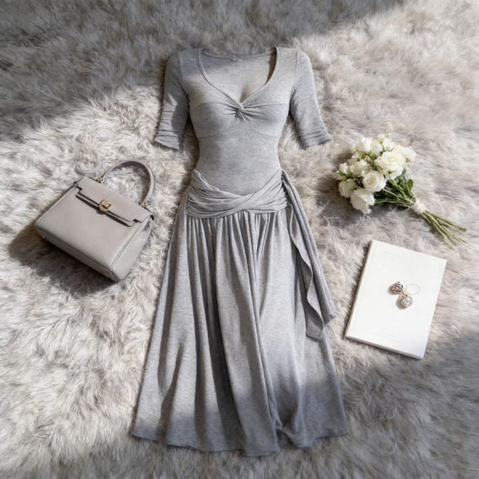 

French Pure Desire Sexy Gray Knot Dress - Summer 2026 New Waist-Cinched Long Style for Women 2XL