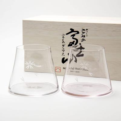 Edo When You Pour Mount Fuji Tajima Glass Mount Fuji Hoei Glass Pair with Wooden Box Clear Cherry Blossom Pink [Handmade Glass] Beer, Appears! +