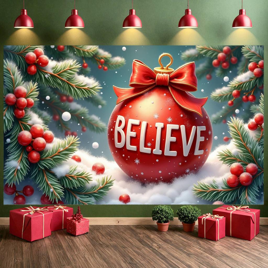 Festive Banner Red Theme Xmas Banner Holiday Banner Pine Branch For Home Decoration Mall Decoration Indoor Decor