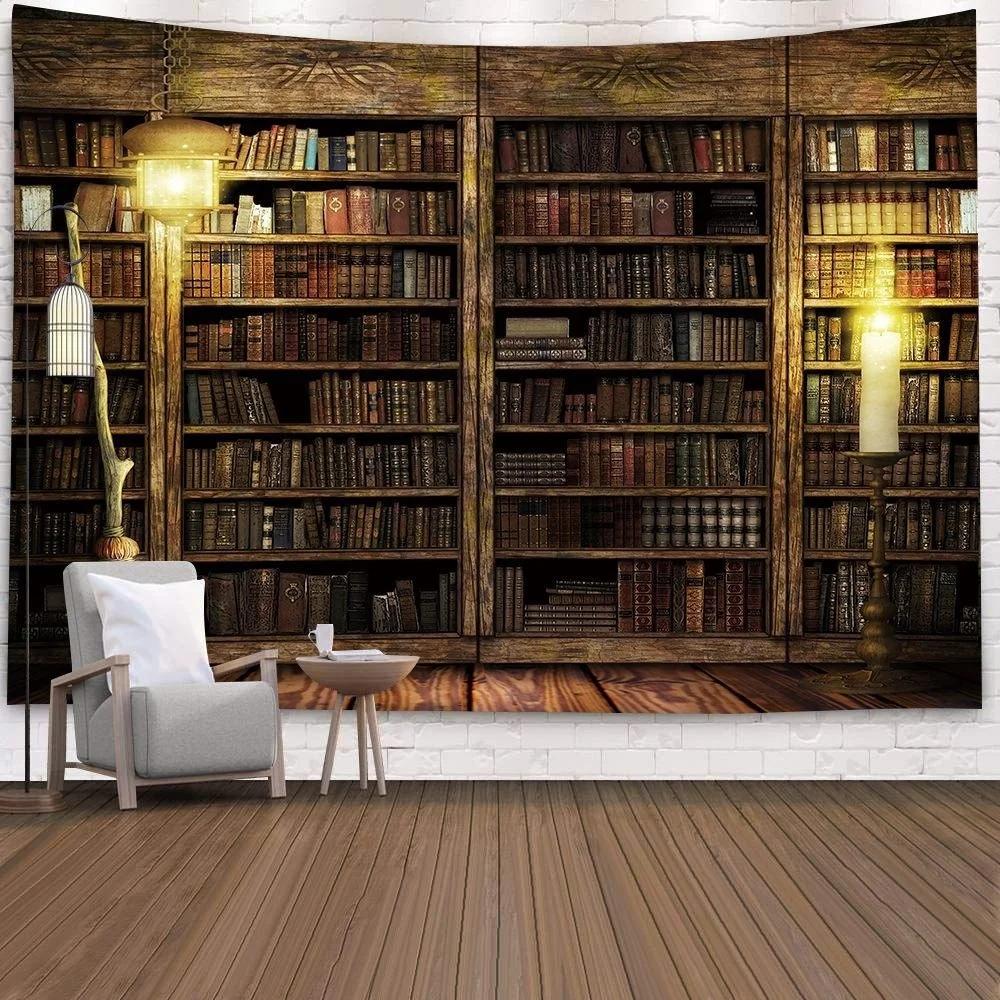 Bookshelf Tapestry, Digital Illustration Of Abstract Design Library In Forest Academic Themed Picture, Wall Hanging Wall Decor