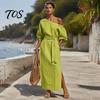 Women Long Dress One Shoulder Dress, Solid Color Tie Waist Side Split Casual Summer Dresses Party Sleeve Maxi for Everyday Wear