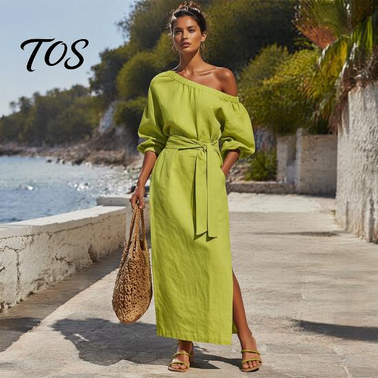 Women Long Dress One Shoulder Dress, Solid Color Tie Waist Side Split Casual Summer Dresses Party Sleeve Maxi for Everyday Wear