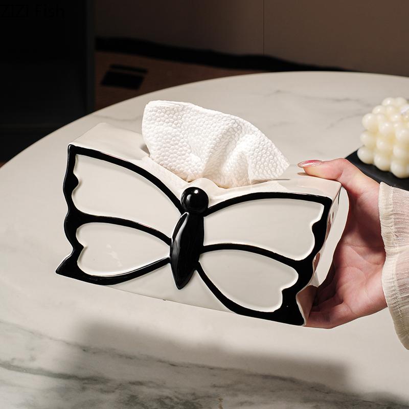 Black and White Butterfly Decorative Tissue Box Coffee Table Desk Decoration Ceramic Tissue Box Bedside Table Paper Towel Case