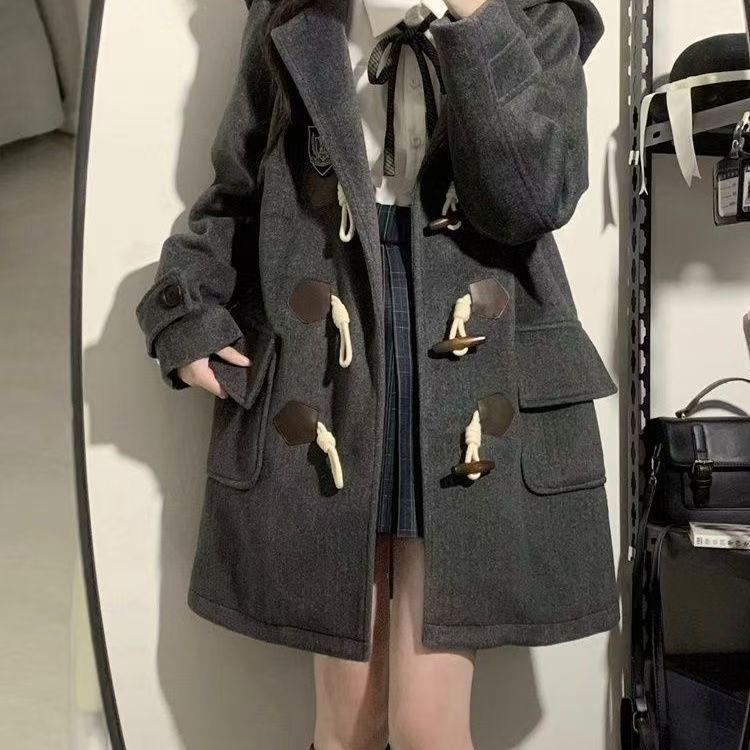 Japanese JK Academy Style Mid-Length Woolen Toggle Coat, Spring/Autumn 2025
