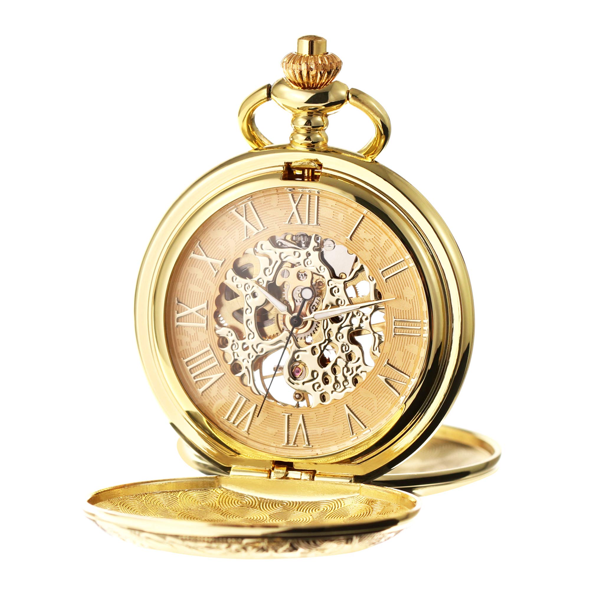 TREEWETO Men s Mechanical Skeleton Pocket Watch Roman Numeral Dial Gift Box Chain