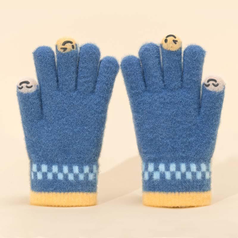 Herbst- und Winterwarme Studenten-Fünffinger-Plüschhandschuhe gestrickte Finger Cartoon Smiley-Gesicht einfache Plüsch-Fahrradhandschuhe